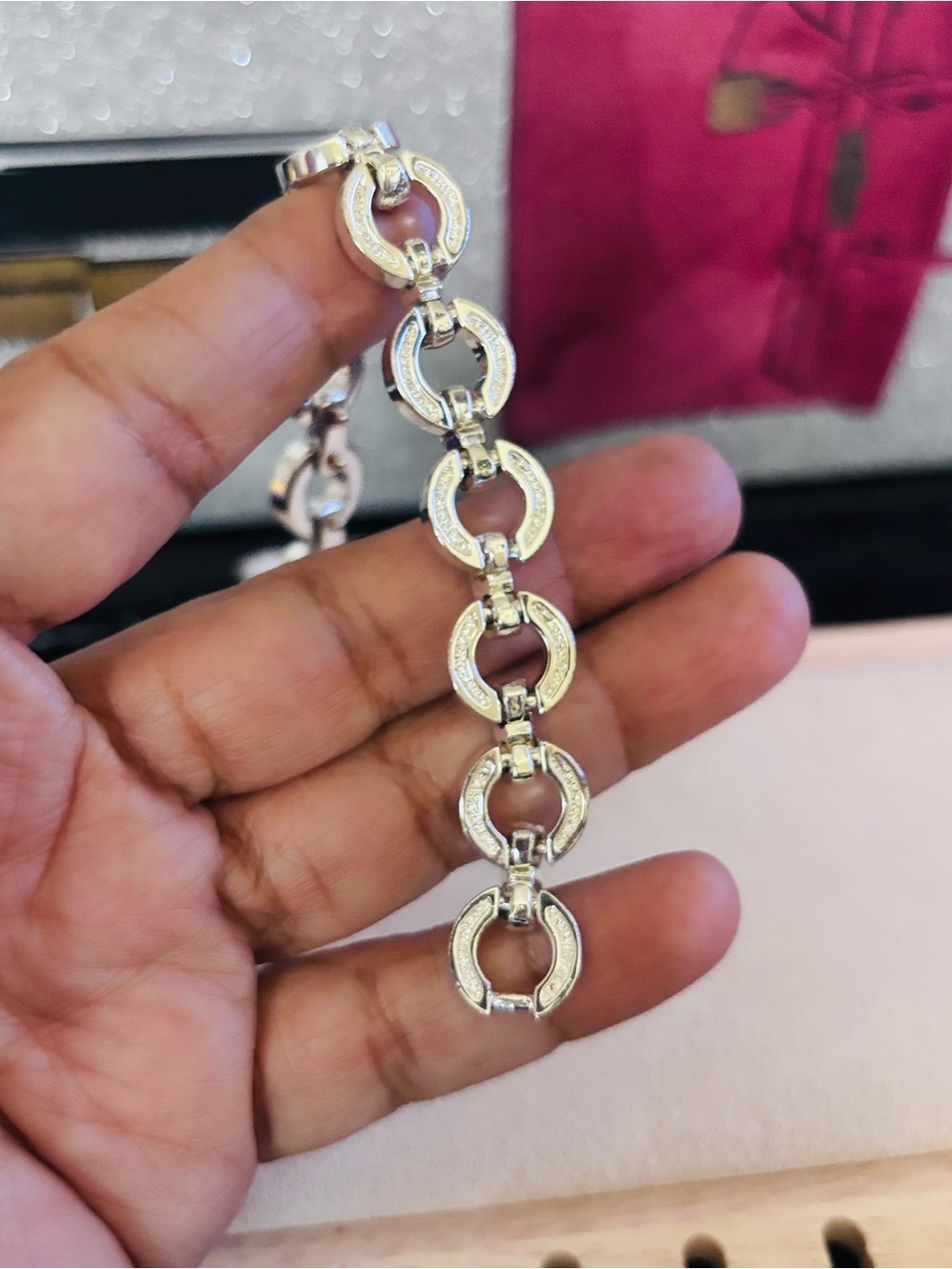 7.5” Silver Circle CZ Link Bracelet - Women Jewelry